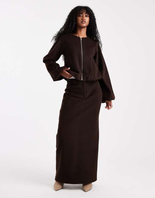 4th & Reckless wool feel balloon sleeve collarless bomber jacket in chocolate brown - part of a set