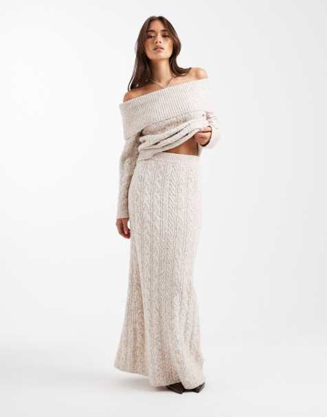 4th & Reckless wool feel cable knit maxi skirt in oat - part of a set - view 1