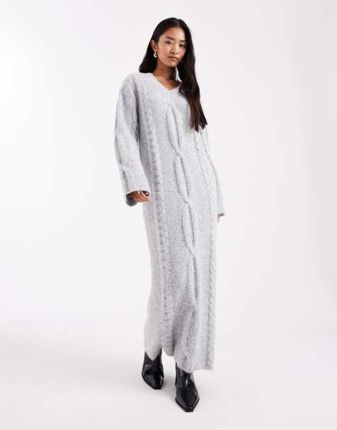 4th & Reckless wool feel cable knit v neck maxi jumper dress in grey - view 1