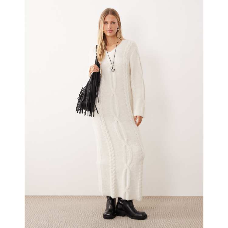 cable knit crew neck long sleeve maxi sweater dress Women's Cream Chunky Wool Blend | 4th & Reckless AAKAA GREEN DRESS