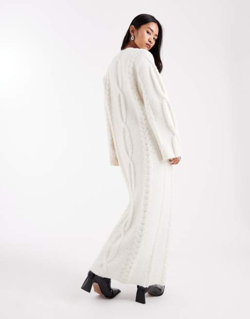 4th & Reckless wool feel cable knit v-neck maxi sweater dress in cream
