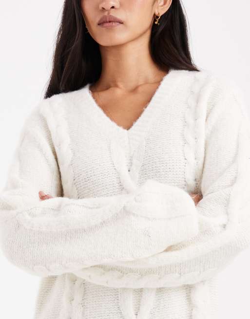 4th & Reckless wool feel cable knit v-neck maxi sweater dress in cream