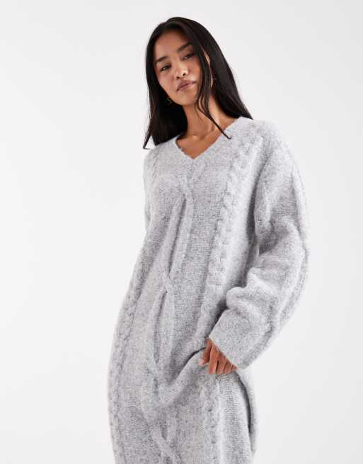 4th & Reckless wool feel cable knit v-neck maxi sweater dress in gray