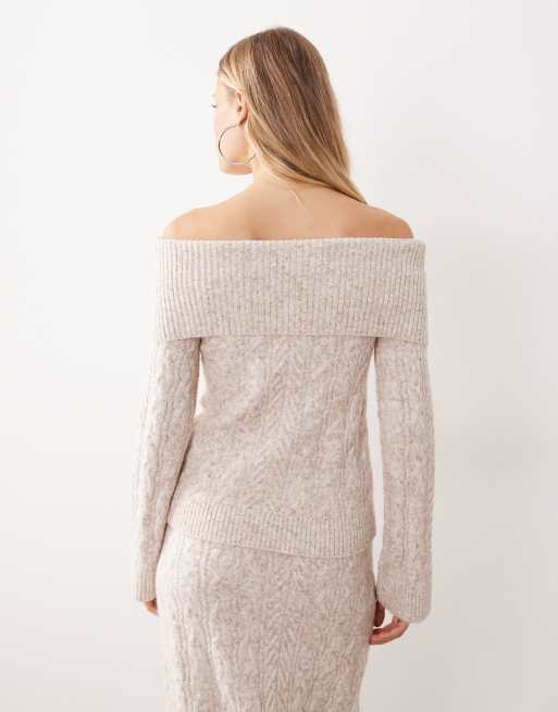 4th & Reckless wool feel deep bardot cable knit sweater in oat - part of a set, 4 of 4