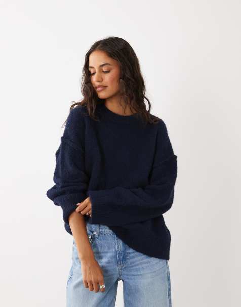 4th & Reckless wool feel fluffy drop shoulder jumper in navy - view 1