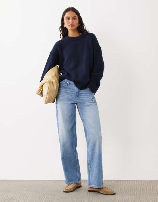 4th & Reckless wool feel fluffy drop shoulder jumper in navy, 2 of 4