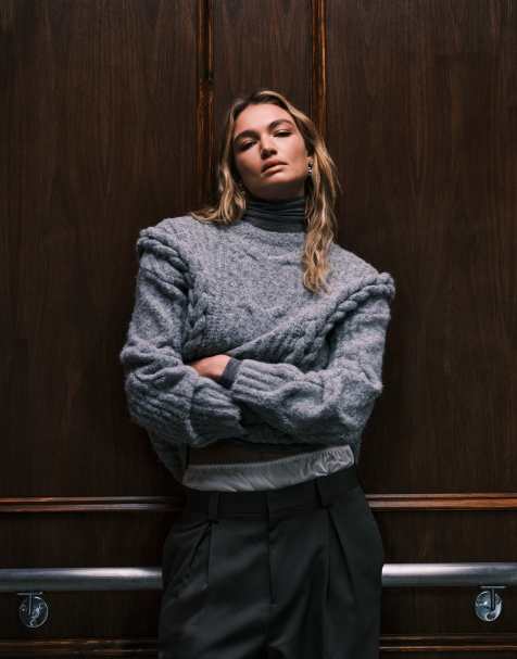 4th & Reckless wool feel fluffy knit dropped shoulder cable detail slouchy oversized sweater in gray - view 1