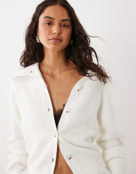 4th & Reckless wool feel fluffy knit foldover collar detail cardigan in cream - view 1