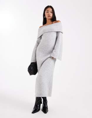 4th & Reckless 4th & Reckless wool feel foldover bardot bell sleeve knitted maxi jumper dress in grey