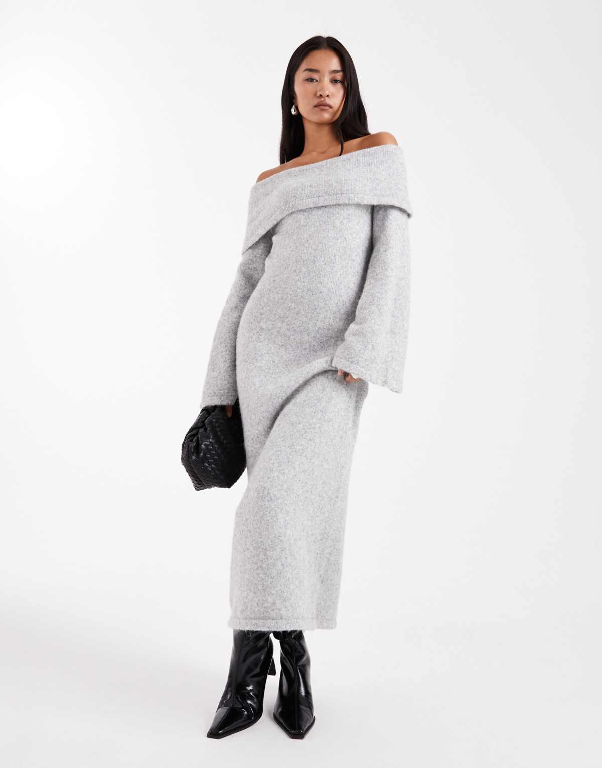 4th & Reckless wool feel foldover bardot bell sleeve knitted maxi jumper dress in grey