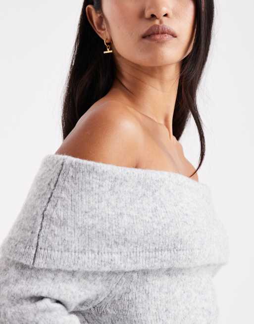4th & Reckless - Robe pull longue en maille toucher laine avec encolure Bardot rabattue et manches cloche - Gris