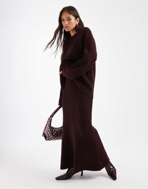 4th & Reckless wool feel knit flared maxi skirt co-ord in plum - view 1