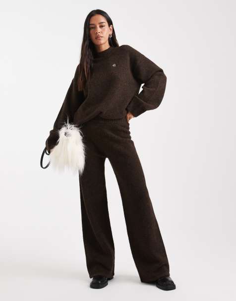 4th & Reckless wool feel knitted wide leg trouser co-ord in chocolate