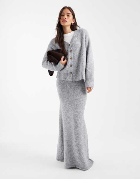 4th & Reckless wool feel longline pocket detail cardigan and maxi skirt set in gray - view 1