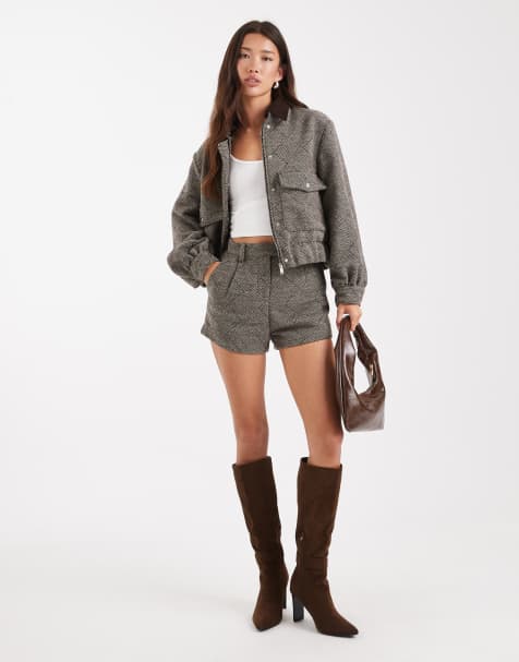 4th & Reckless wool feel pocket detail contrast collar balloon sleeve bomber jacket and shorts co-ord in brown check - view 1