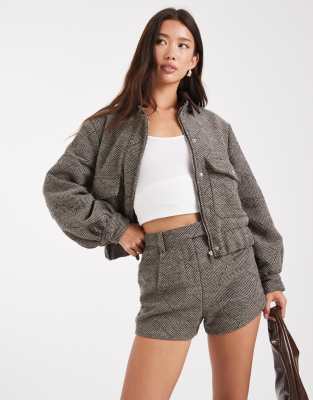 4th & Reckless wool feel pocket detail contrast collar balloon sleeve bomber jacket co-ord in brown herringbone check