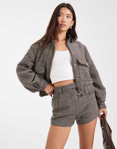 4th & Reckless wool feel pocket detail contrast collar balloon sleeve bomber jacket co-ord in brown herringbone check