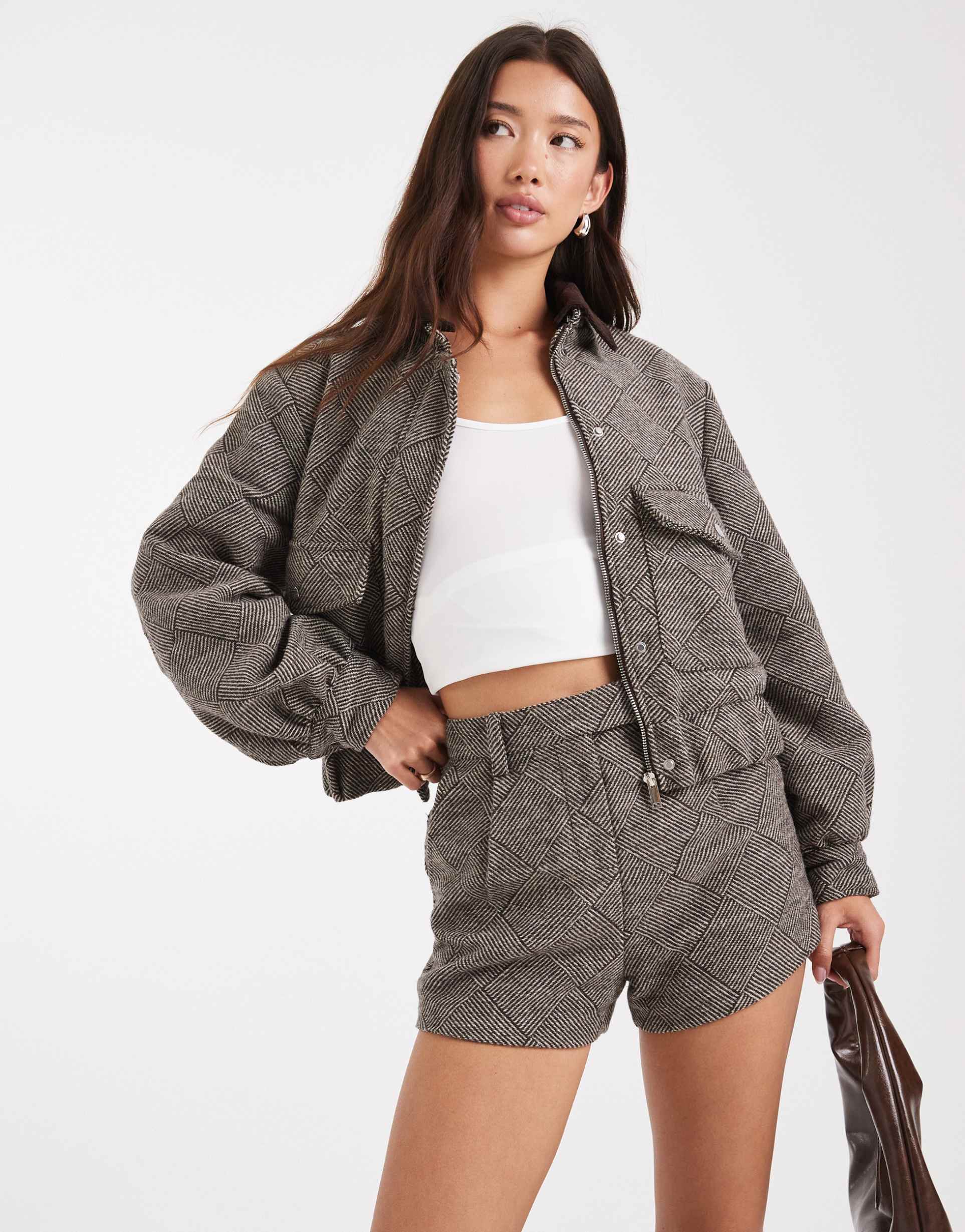 4th & reckless wool feel pocket detail contrast collar balloon sleeve bomber jacket in brown herringbone check - part of a set