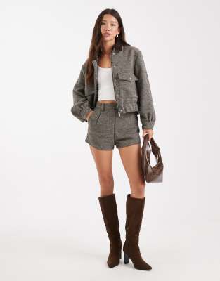 4th & Reckless Wool Feel Pocket Detail Contrast Collar Balloon Sleeve Bomber Jacket In Gray