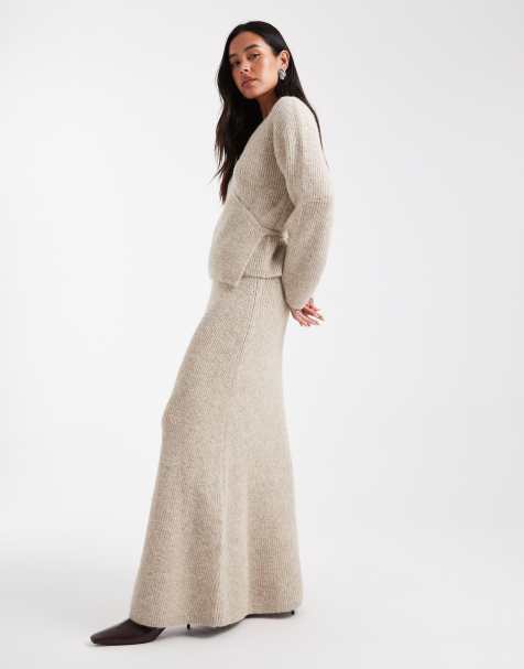 4th & Reckless wool feel rib knit fishtail maxi skirt in beige - part of a set - view 1