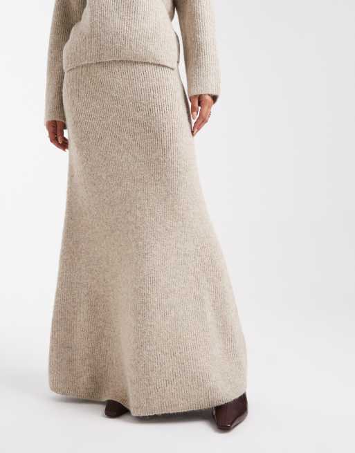 4th & Reckless wool feel ribbed knit fishtail maxi skirt co-ord in beige