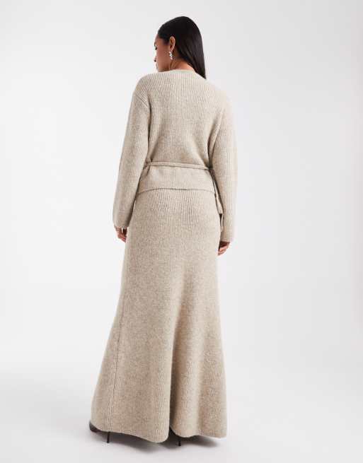 4th & Reckless wool feel ribbed knit fishtail maxi skirt co-ord in beige