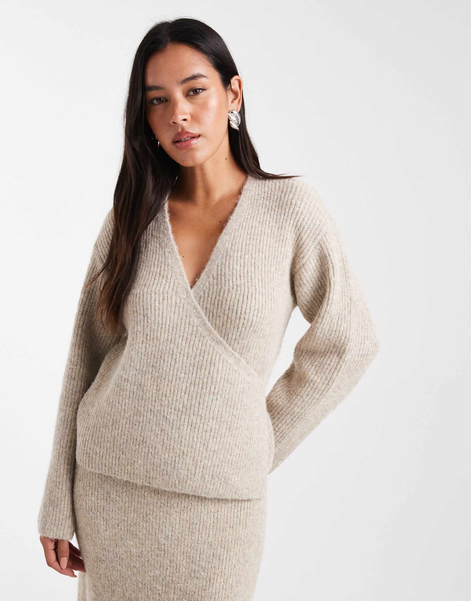 4th & reckless wool feel rib knit wrap cardigan in beige - part of a set