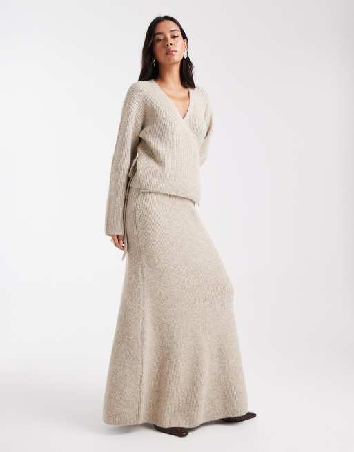 4th & Reckless wool feel rib knit wrap cardigan in beige