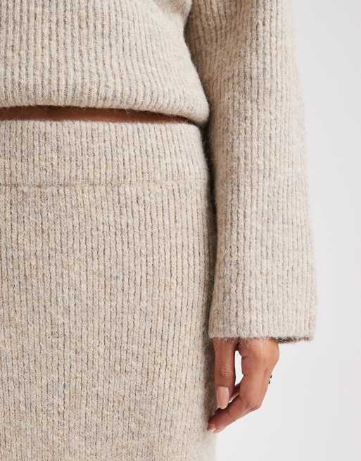 4th & Reckless wool feel ribbed knit fishtail maxi skirt co-ord in beige