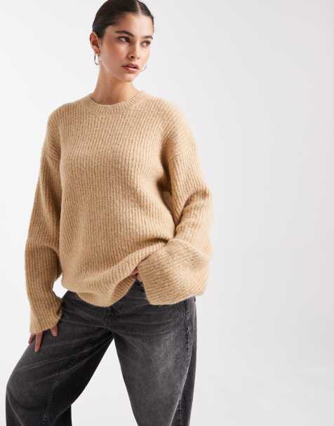 4th & Reckless wool feel ribbed knit volume sleeve oversized jumper in camel - view 1