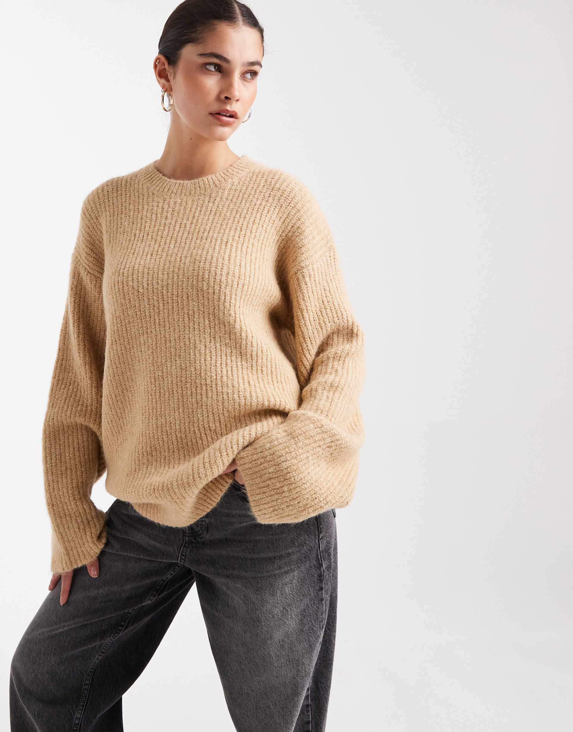 4th & reckless wool feel ribbed knit volume sleeve oversized sweater in camel