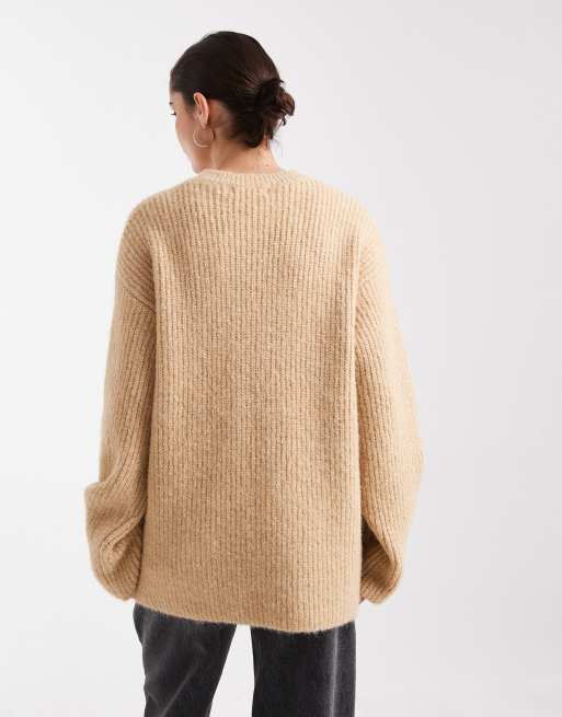 4th & Reckless wool feel ribbed knit volume sleeve oversized sweater in camel, 3 of 4