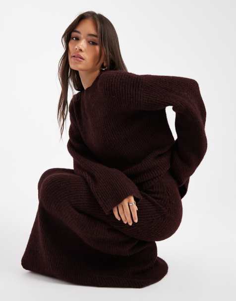 4th & Reckless wool feel ribbed knit wide sleeve oversized jumper and maxi skirt co-ord in plum - view 1