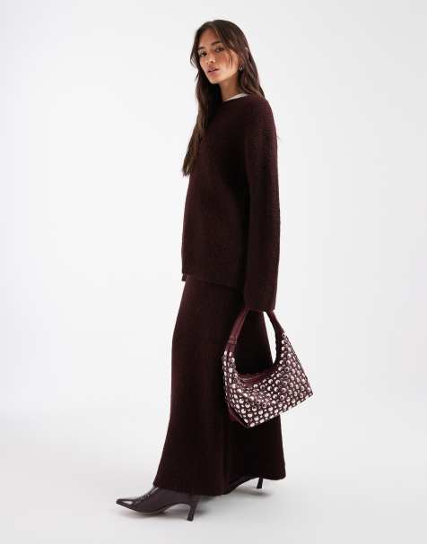 4th & Reckless wool feel ribbed knit wide sleeve oversized jumper co-ord in plum