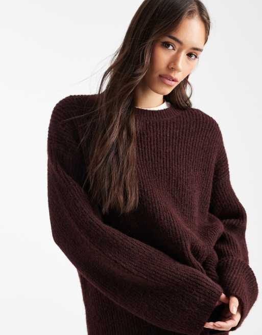 4th & Reckless wool feel ribbed knit wide sleeve oversized jumper in plum (part of a set), 3 of 4