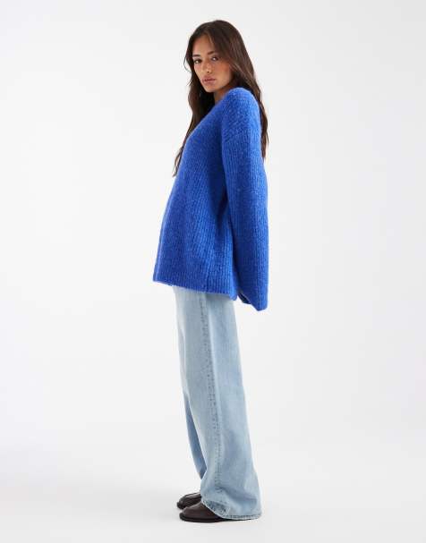4th & Reckless wool feel ribbed knit wide sleeve oversized sweater in cobalt blue - view 1