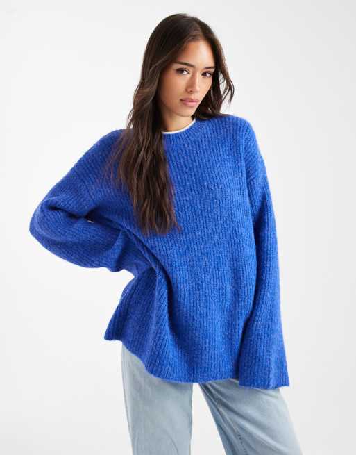 4th & Reckless wool feel ribbed knit wide sleeve oversized sweater in cobalt blue