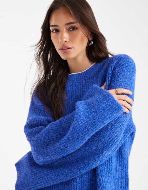 4th & Reckless wool feel ribbed knit wide sleeve oversized sweater in cobalt blue