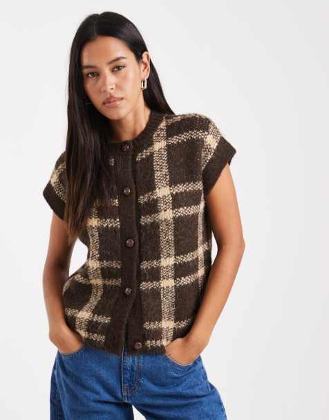 4th & Reckless wool feel sleeveless knitted vest in brown check - view 1