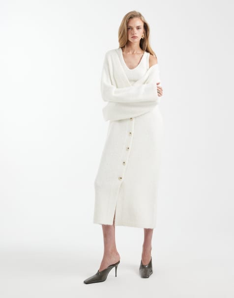 4th & Reckless wool-feel soft knitted cami singlet and knitted v-neck maxi cardigan set in cream - view 1