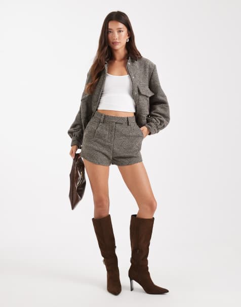 4th & Reckless wool feel tailored pleat front micro shorts co-ord in brown herringbone check - view 1