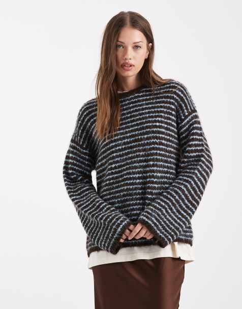 4th & Reckless wool feel textured wide sleeve crew neck jumper in chocolate & blue stripe - view 1