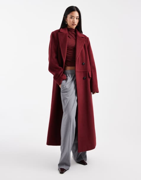 4th & Reckless wool look double breasted longline structured formal coat in burgundy - view 1
