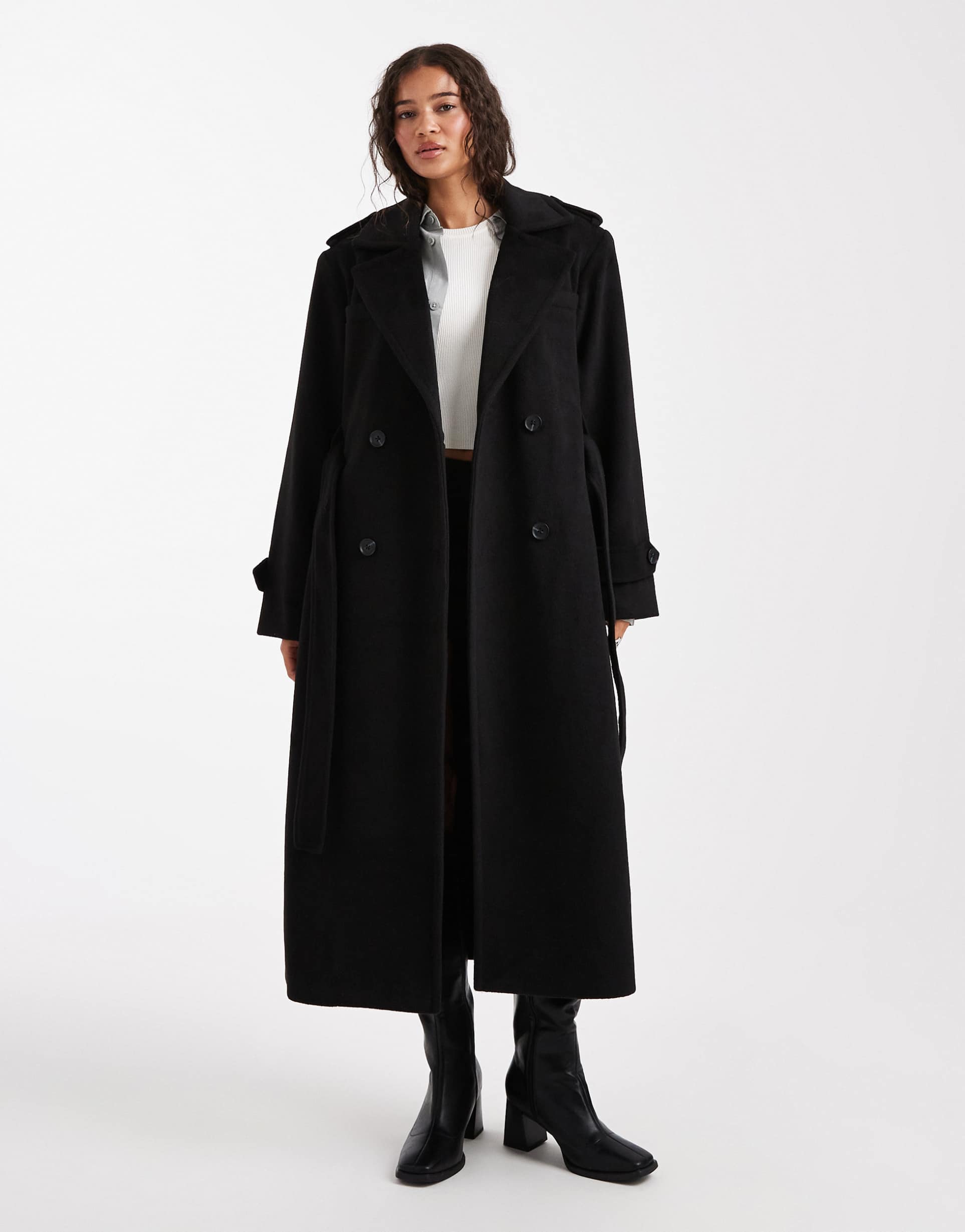 4th & reckless wool look formal double breasted belted midi trench coat in black