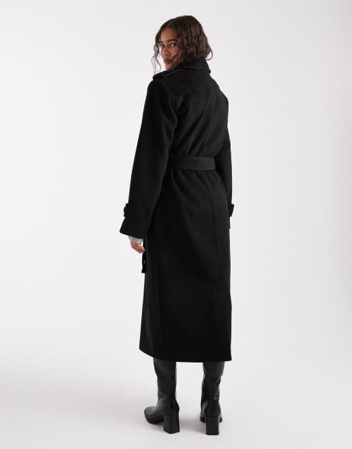 4th & Reckless wool look formal double breasted belted midi trench coat in black