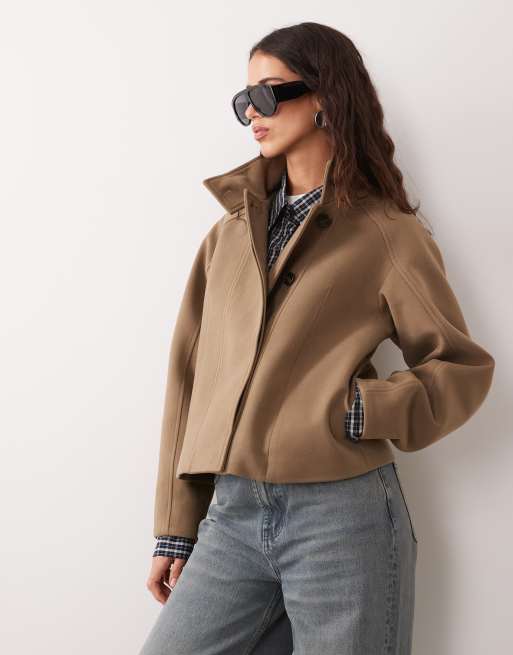 4th & Reckless wool look funnel neck button through jacket in dark beige - BEIGE, 4 of 4