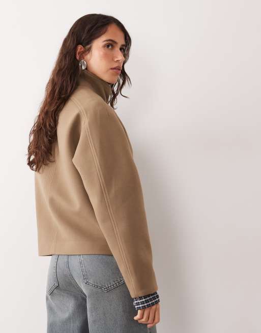 4th & Reckless wool look funnel neck button through jacket in dark beige, 3 of 4