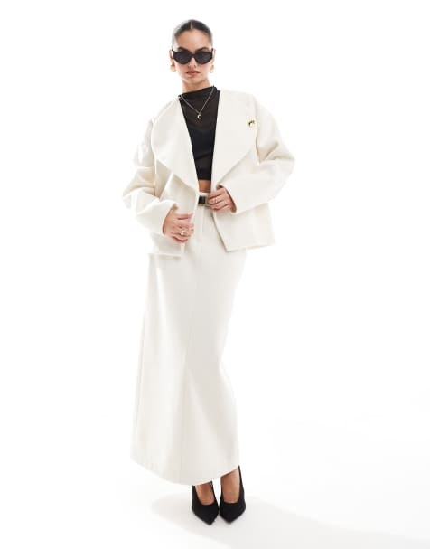 4th & Reckless wool look oversized lapel jacket and maxi skirt co-ord in cream - view 1