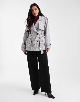 4th & Reckless Wool Look Tweed Wide Sleeve Belted Trench Coat In Gray