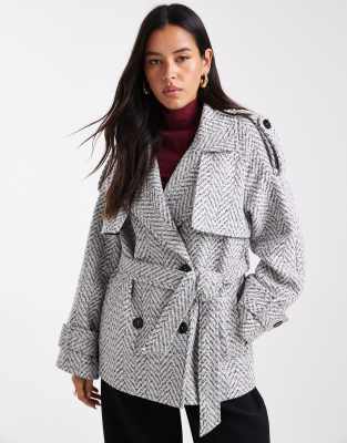 4th & Reckless 4th & Reckless wool look tweed wide sleeve belted trench coat in grey